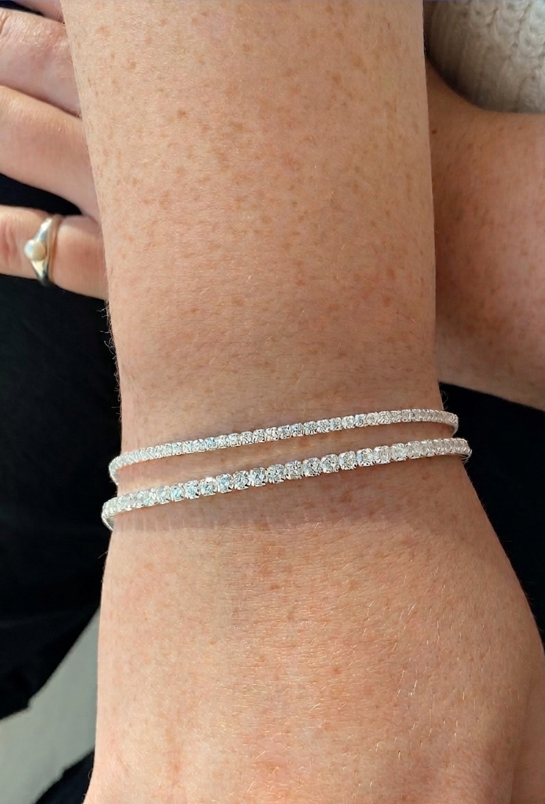 2mm lab created diamond tennis bracelet in white gold on white background