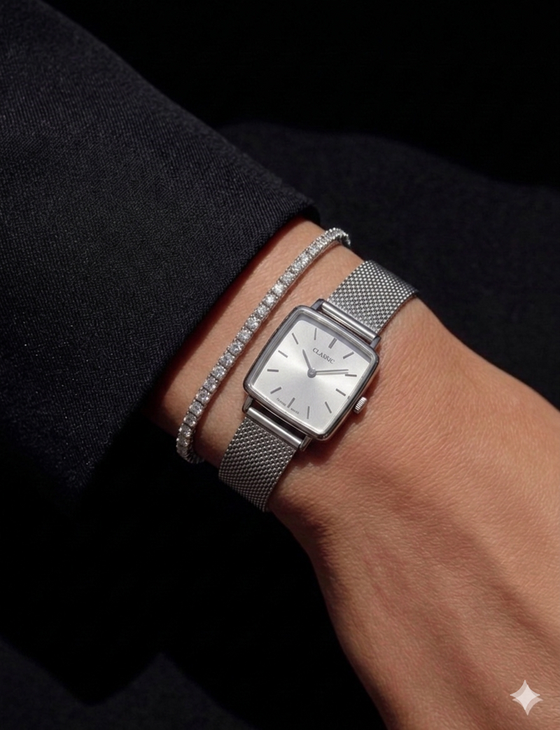 Silver watch and bracelet on a wrist against a dark background