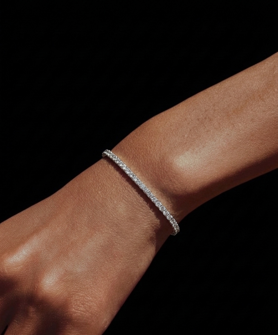 Lab stone tennis bracelet on wrist lifestyle detail shot